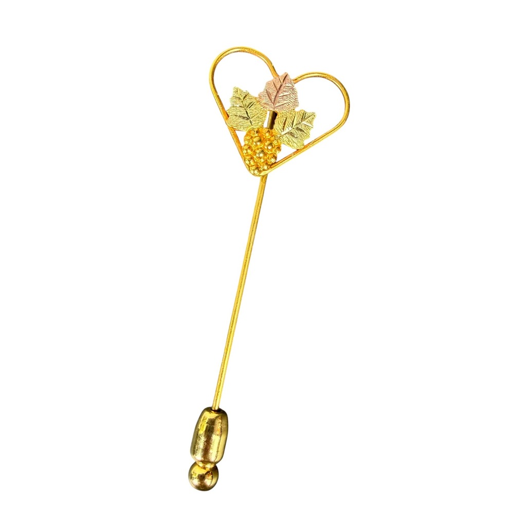 Black Hills Gold 10K Tri-Color Heart Grape Leaf Stick Pin Vintage Lapel Hat Pin‎